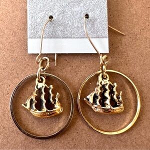 Gold-Tone Pirate Ship Hoop Earrings, Like-New!